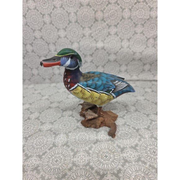 Colorful Wooden Duck Bird Figurine Sculpture Wood Duck Decoy Rustic Decor - Picture 1 of 8